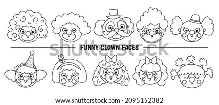 Vector set with black and white clown faces. Circus artists avatars clipart. Amusement holiday line icons pack. Cute funny festival characters clip art. Street show comedians illustration