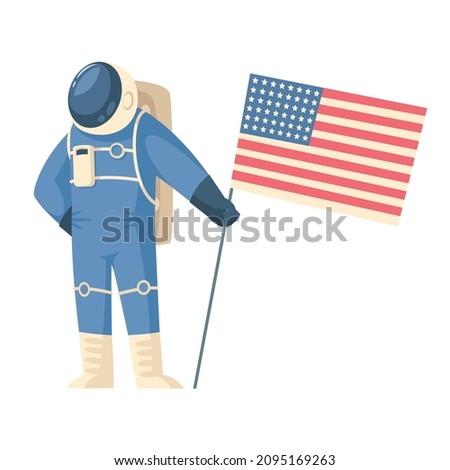 Mars colonization composition with astronaut in spacesuit holding american flag vector illustration