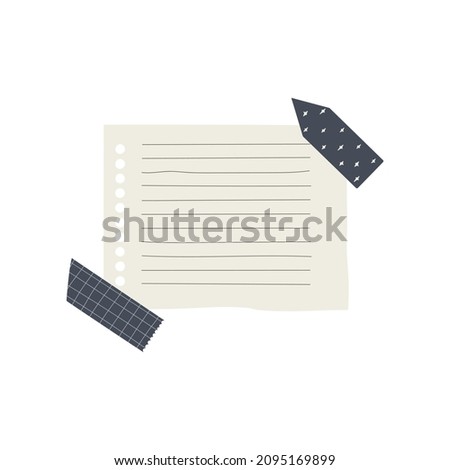 Sheet of lined paper with pieces of washi tape. Vector isolated on white background.