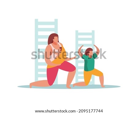 Advanced motherhood flat composition with characters of mother with baby and son doing fitness exercises vector illustration