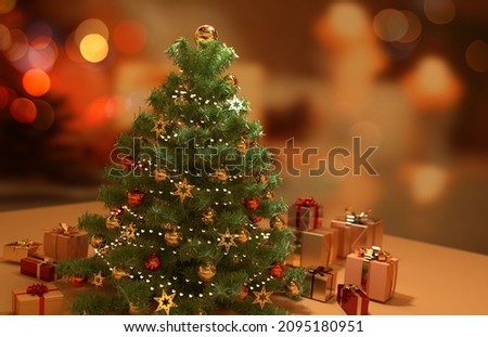 Christmas tree and gifts on a blurred background  for the Holy Birthday and New Year holidays.