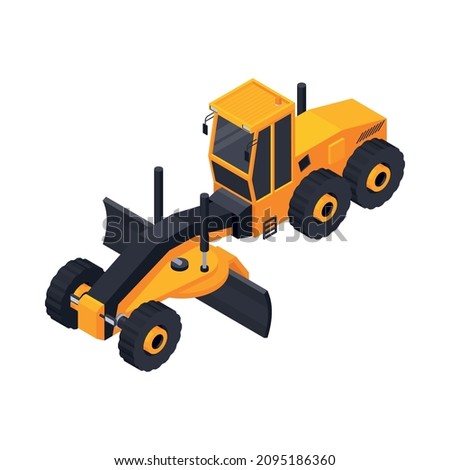 Road construction isometric composition with isolated image of orange bulldozer vector illustration