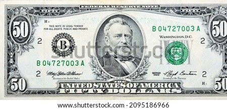 Large fragment of the Obverse side of 50 fifty dollars bill banknote series 1993 with the portrait of president Ulysses S. Grant, Old American money banknote, vintage retro, United States of America Royalty-Free Stock Photo #2095186966