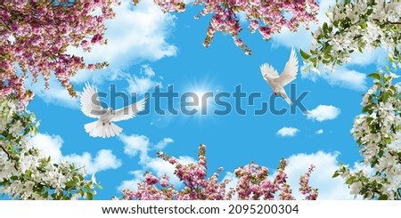 doves flying between spring flowers and branches. blue sky and white clouds natural background.. picture for 3d ceiling decoration