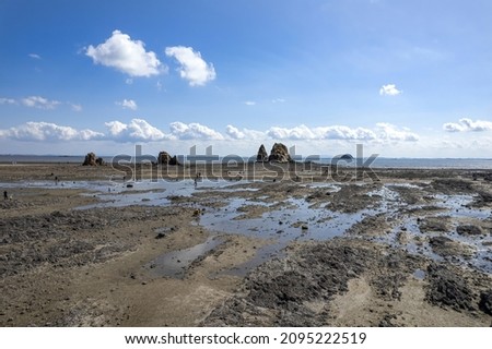 High angle and summer view of tourists on mud flat at low tide against Maebawi Rock at Jebudo Island near Hwaseong-si, South Korea
 Royalty-Free Stock Photo #2095222519