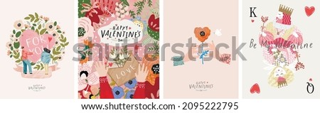 Valentine's day, February 14. Vector illustrations of love, couple, heart, valentine, king, queen, hands, flowers. Drawings for postcard, card, congratulations and poster. Royalty-Free Stock Photo #2095222795