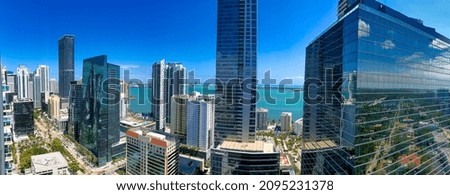 Panoramic aerial view of Downtown Miami skyline on a sunny day, Florida Panoramic view.