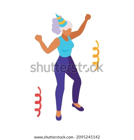 Isometric firework celebrating holiday composition with serpentine and female character in party hat vector illustration
