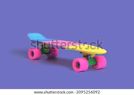 Side view of pastel neon rainbow colored Penny board skateboard isolated on solid soft purple background. Plastic mini cruiser. Youth minimalistic Sport inspired summer fun concept. 2022 color trend