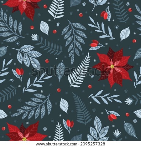 Christmas seamless pattern. Pine twigs, red berries, snowflakes. Season greeting digital paper. Winter Xmas holidays