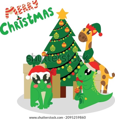 Festive postcard with merry christmas signature and cute animals around decorated tree. Frog with new years cap dinosaur with christmas ball in paws and giraffe in elf costume. Image isolated on white
