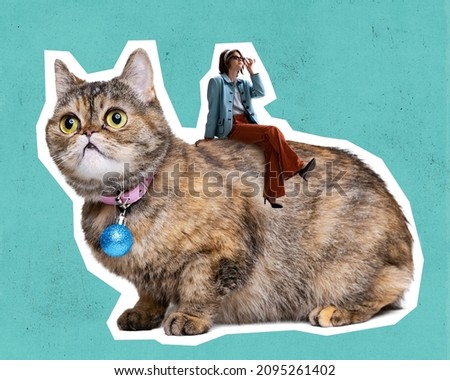 Huge domestic cat and tiny girl sitting on pet. Modern design. Conceptual, contemporary bright artcollage. Surrealism, minimalism. Animals in human everyday life. Magazine style, ad