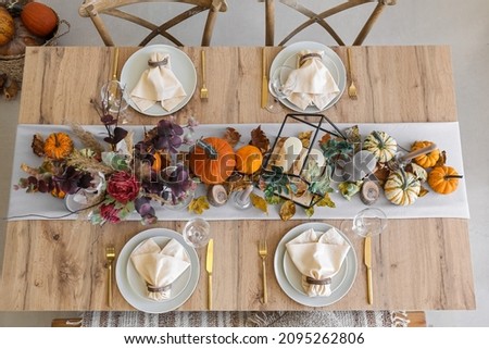Beautiful table setting for Thanksgiving Day dinner at home, top view