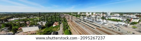 Aerial panoramic view of railway station of Kouvola and city center. Royalty-Free Stock Photo #2095267237