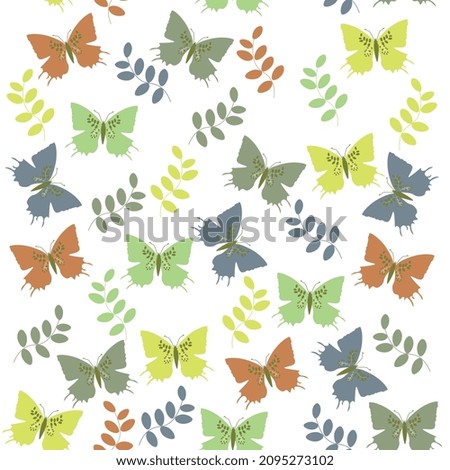 Seamless vector pattern of colored butterflies and leaves on a white background