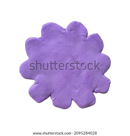 plasticine isolated sticker shape purple free form flower. Element made from real craft clay. Hand made 3d rendering. Boho abstract free form shape with fingers texture. Text box template