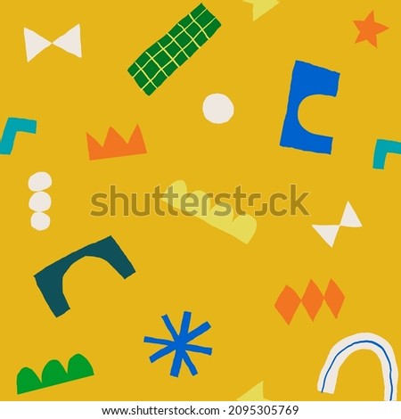 Modern trendy collage with cut out elements. Abstract background with hand drawn doodle shapes. Colorful geometric seamless pattern. 