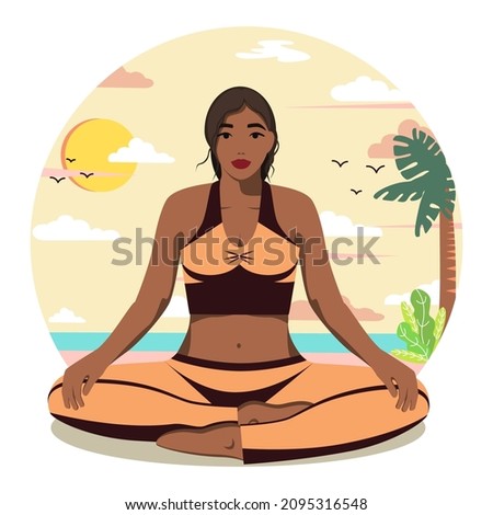 Yoga. A woman doing yoga in nature. Graphics. Vector. Water, sun, sunset. Flat illustration.