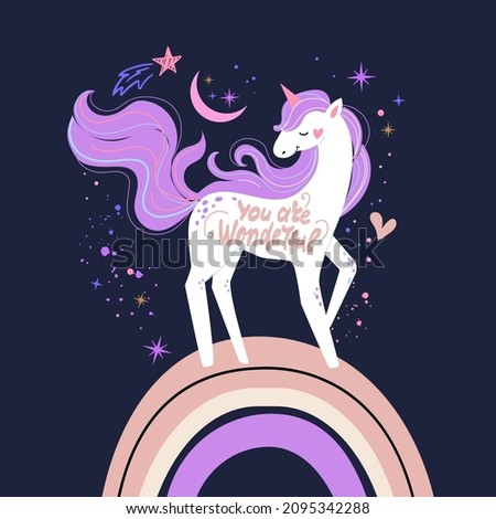 Cute unicorn and rainbow in space. Vector illustration for t-shirt design, nursery for kids in boho style