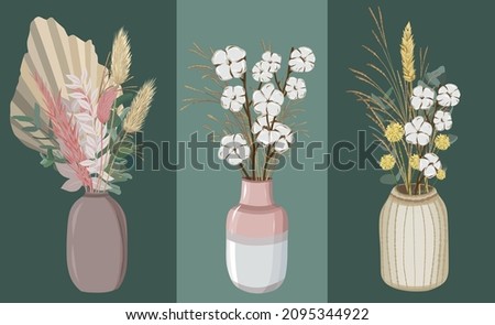 Dry flowers bouquet set in a vase. Boho style composition in beige and pink colors.  Cotton and eucalyptus.
