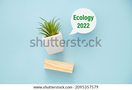 A flower pot with a wooden block and a white card with ecology 2022 written on a light blue background.