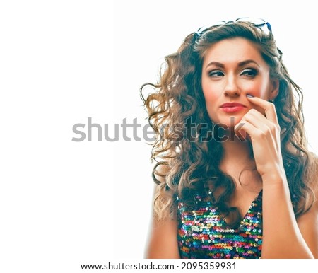 young brunette woman with curly hairstyle in fancy glamur dress isolated on white background gesturing emotional crazy