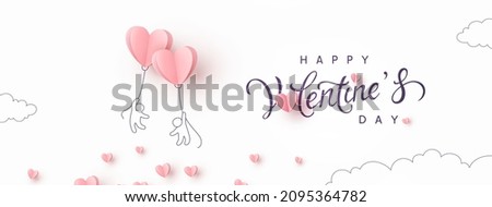 Valentine's Day postcard with people and pink flying balloons on white background. Romantic poster. Vector paper symbols of love in shape of heart for greeting card design Royalty-Free Stock Photo #2095364782