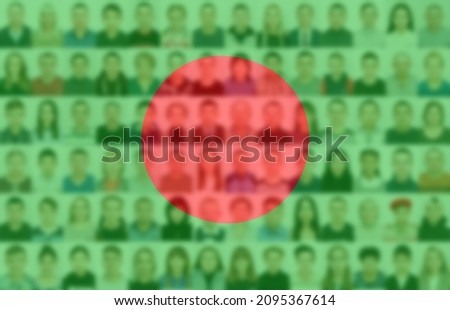 Portraits of many people on the background of the flag of Bangladesh.
The concept of the population and demographic state of the country.