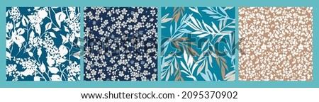 Set of simple floral seamless patterns. Meadow plants, leaves, leaf and small daisy flowers collection. All over print. Botanical collage in modern flat liberty style. Floral silhouettes. Summer motif Royalty-Free Stock Photo #2095370902