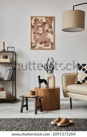 Modern living room interior composition with mock up poster frame, beige sofa, black metal shelf and small home decorations. Creative home staging. White wall. Copy space. Template. 