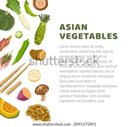 Asian vegetables banner. Exotic japanese, chinese, korean ingredients for food. Mushrooms, roots, bamboo shoots, sweet potato and other. Oriental cuisine. Vector hand drawn flat illustration. Royalty-Free Stock Photo #2095375891