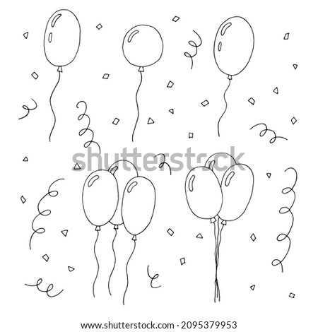 Set of balloons for the holiday. Confetti. Festive decoration. Party. Birthday. Vector. Doodle. Drawn by hand. Elements for a greeting card. Sketch. Silhouette. Black and white. Contour. Coloring.