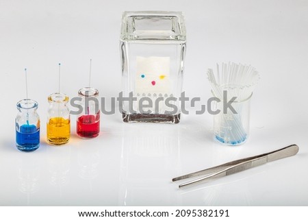 Thin layer chromatography equipments include jar, silica gel, capillary and compounds. TLC method used in purity analysis of compounds in chemistry laboratory. Royalty-Free Stock Photo #2095382191