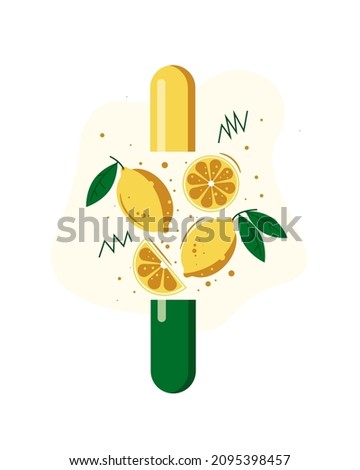 Lemons with flowers and pill with vitamin C vector isolated on white background. Natural medicine for strengthening the immune system