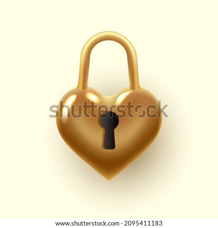 Gold lock in the shape of a heart. With a keyhole. Love emotion symbol. Closed. 3d realistic isolated on a light background. Vector illustration.
