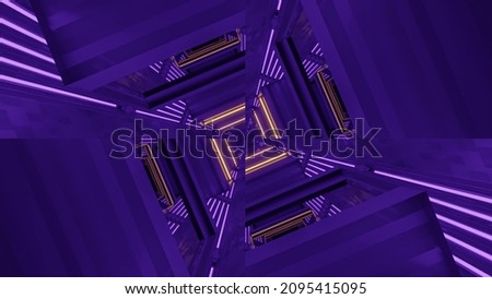 A 3D rendering of a futuristic kaleidoscope hallway towards a portal with colorful neon lights