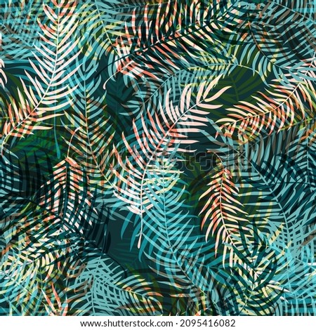 Seamless pattern in abstract colorful leaves of palm. Floral exotic background for textile, wallpaper, covers, surface, print, wrap, scrapbooking, decoupage. Trendy colors