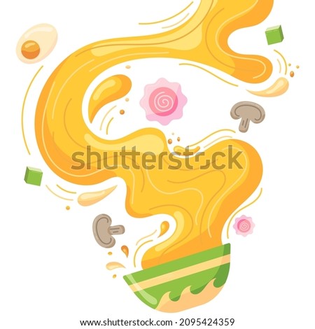 Soup splashing out of a plate, Asian broth with crabs, onions, mushrooms, egg, and noodles. Deep soup plate for Asian cuisine menu in flat style. Vector illustration Royalty-Free Stock Photo #2095424359