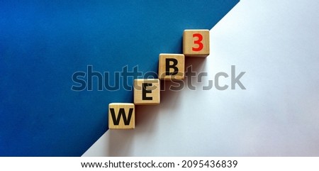 WEB3 or web 3 symbol. Wooden cubes with concept words WEB 3. Beautiful blue and white background, copy space. Business, technology web3 and WEB 3 or 3.0 concept.