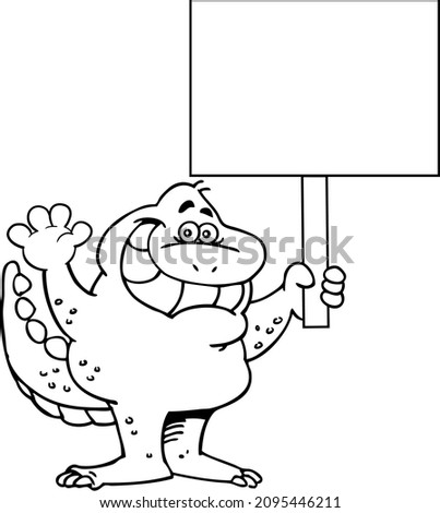 Black and white illustration of a smiling dinosaur waving while holding a large sign.