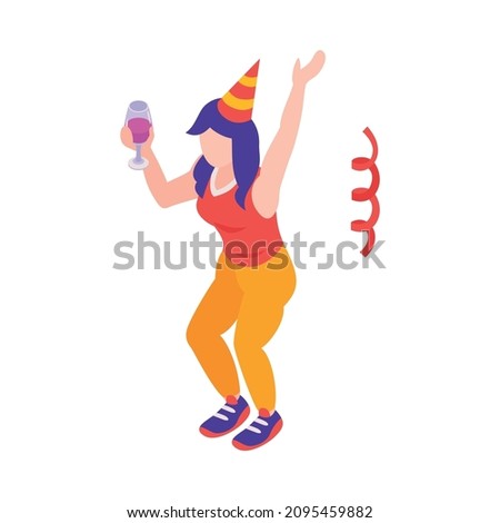 Isometric firework celebrating holiday composition with serpentine and woman in party hat with drink vector illustration