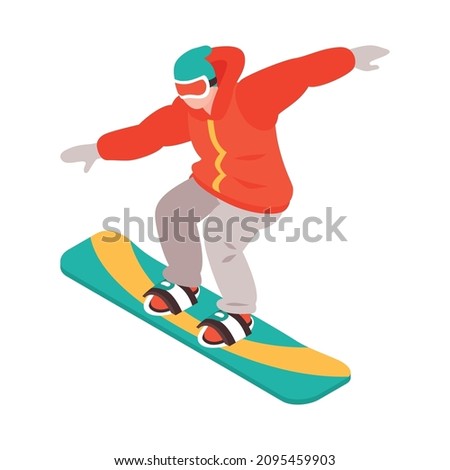 Isometric winter holiday time composition with character of child in winter clothes snowboarding vector illustration