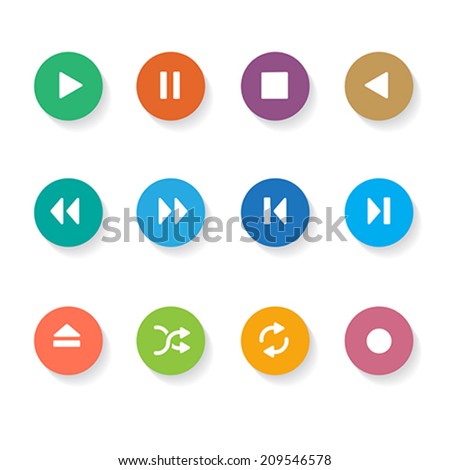 Set of 12 Circle Media Buttons.  Vector Illustration. 
