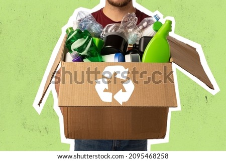 Man holding box with different waste, garbage types with recycling sign over green background. Sorting, recycling waste concept. Contemporary art collage. Eco, environmental protection