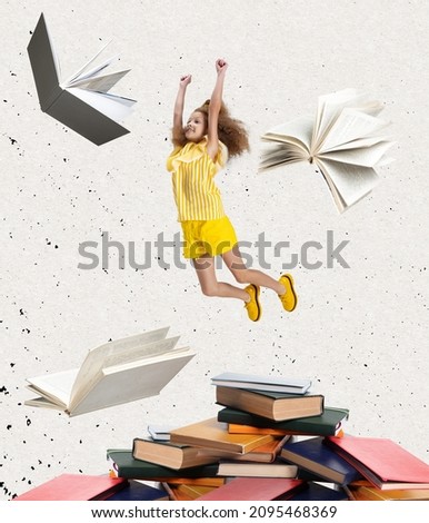 Well-read child. Contemporary art collage of little girl jumping over stack of books isolated over light background. Concept of education, childhood, book reading, discovery, artwork and ad Royalty-Free Stock Photo #2095468369