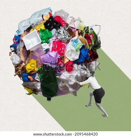 Woman push a huge ball, lump of plastic garbage, trash. Environmental pollution. Humanity is mired in trash. Contemporary conceptual art collage. Idea, saving environment, ecology, eco Royalty-Free Stock Photo #2095468420