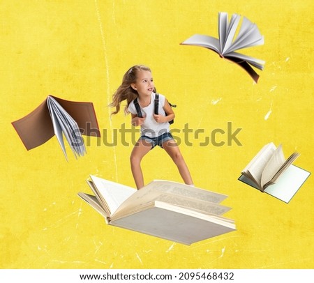 School preparation. Contemporary art collage of child, girl flying, surfing on open book isolated over yellow background. Concept of education, childhood, discovery, artwork, inspiration and ad