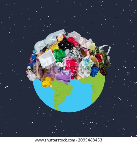 Planet with garbage and plastic. Contemporary art collage, modern creative design. Idea, inspiration, saving ecology, environmental care. World environmental problems. Minimalism