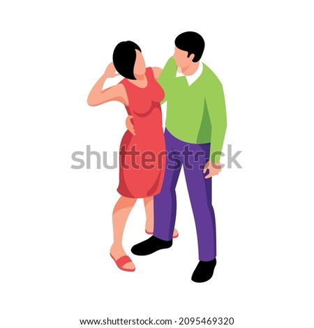 Isometric couple in love composition with characters of loving couple hugging each other vector illustration