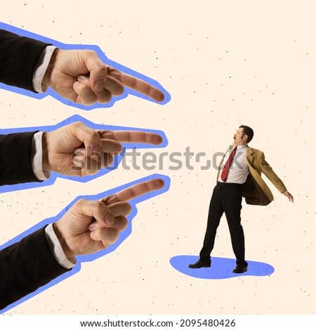 Contemporary art collage. Three huge hands pointing at businessman. Being under pressure of opinion and tasks. Deadlines. Concept of business, pressure, fault, ups and downs. Copy space for ad